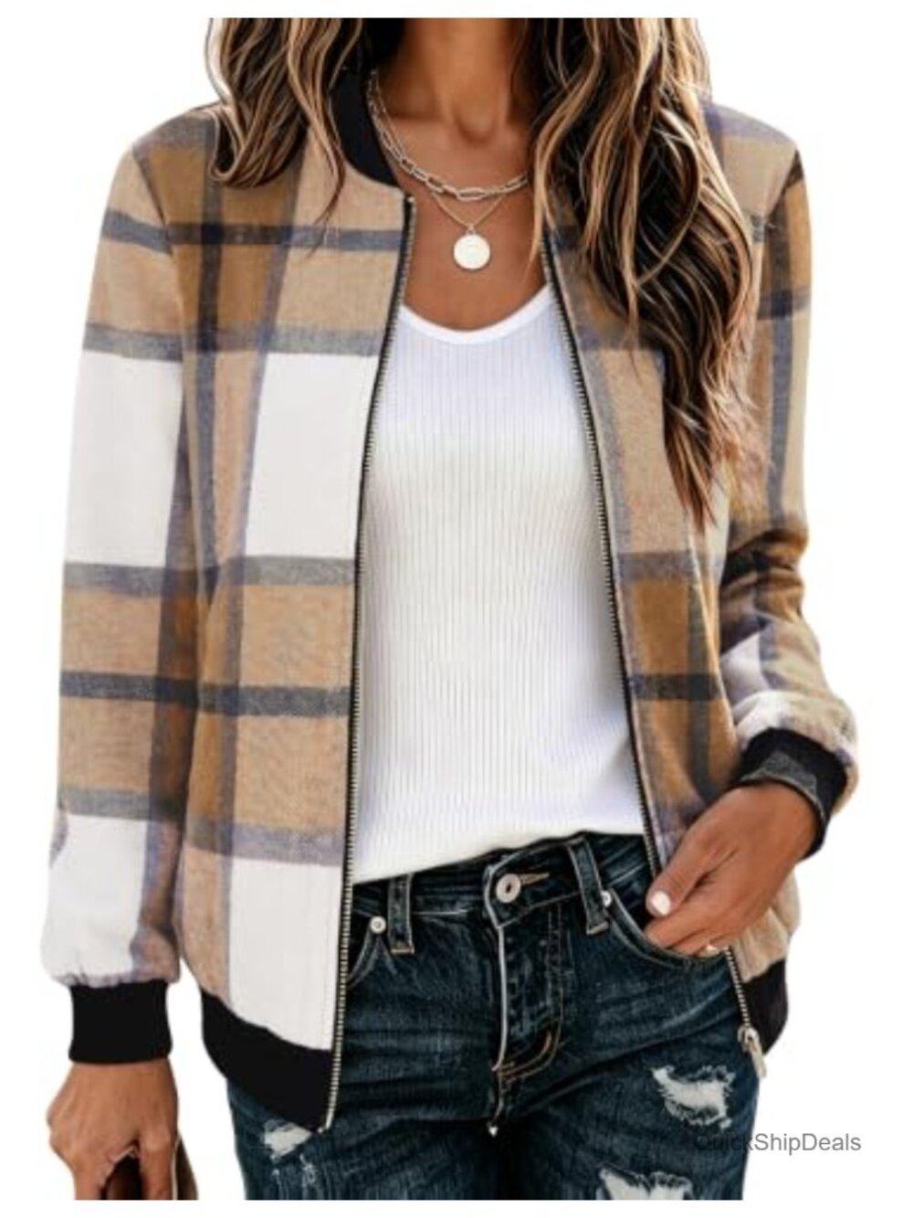 Lightweight Plaid Flannel Bomber Jacket for Women Zip Up